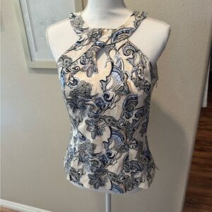 White House Black Market Blue and Cream Paisley Blouse